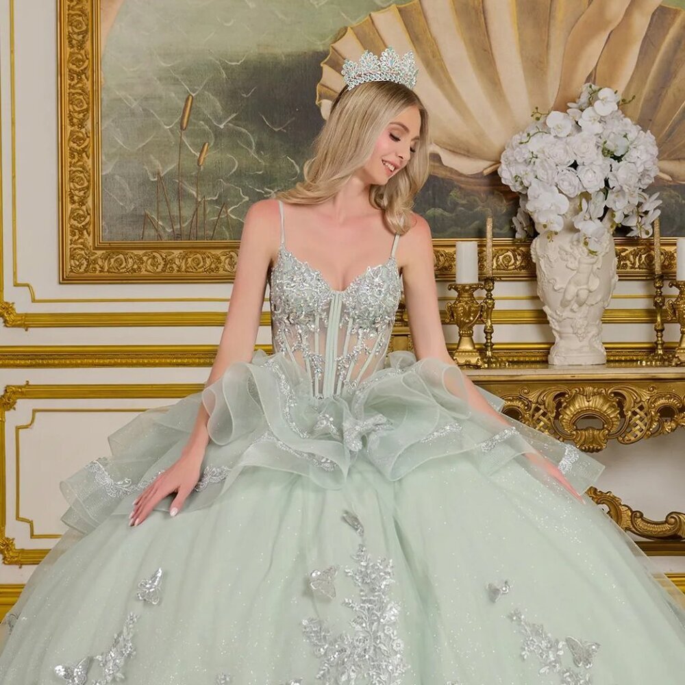 New Sleeveless Layered Quinceanera Long Gown w/ Sheer Boned  Bodice GL3649